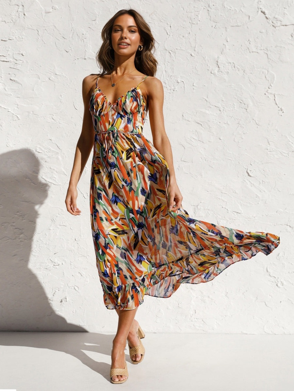 Med- Commense Multi-Color Printed Spaghetti Strap Midi Dress - Orange Blue Green - Picture 2 of 9